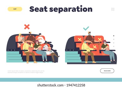 Social separation in cinema during covid-19 outbreak landing page concept with people keep social distance and wear masks watching film for prevention of coronavirus disease. Vector illustration