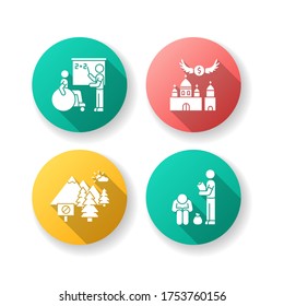 Social service flat design long shadow glyph icons set. Inclusive education. Donation to christian church. National park. Homeless help. Preserve nature. Silhouette RGB color illustration