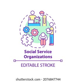 Social service organizations concept icon. Social entrepreneurship focus abstract idea thin line illustration. Support people in need. Charity. Vector isolated outline color drawing. Editable stroke