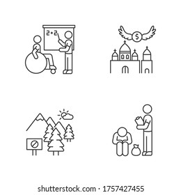 Social service pixel perfect linear icons set. Inclusive education. Donation to christian church. Customizable thin line contour symbols. Isolated vector outline illustrations. Editable stroke