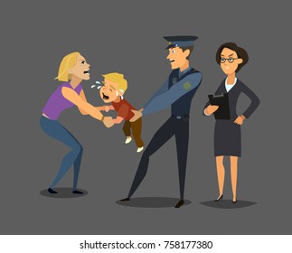 Social services takes the child from the mother. social problem. Vector illustration in flat style.