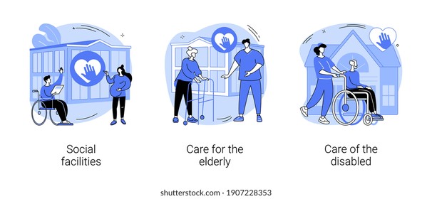 Social services work abstract concept vector illustration set. Social facilities, care for the elderly and disabled people, health care, retired people, nursing home, wheelchair abstract metaphor.