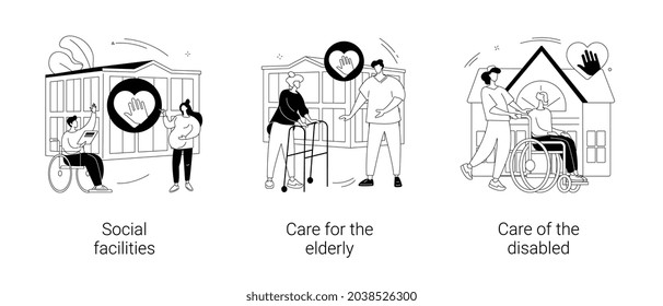 Social services work abstract concept vector illustration set. Social facilities, care for the elderly and disabled people, health care, retired people, nursing home, wheelchair abstract metaphor.