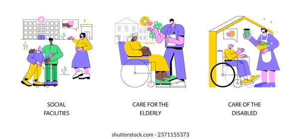 Social services work abstract concept vector illustration set. Social facilities, care for the elderly and disabled people, health care, retired people, nursing home, wheelchair abstract metaphor.