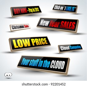 Social shares, Christmas and New Year sales 3D Panels with Transparent Shadows and glossy reflection. Ready to copy and past on every surface.