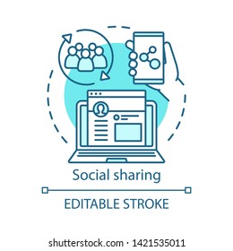 Social sharing concept icon. Referral marketing search idea thin line illustration. Customer feedback online. Smm, social networking, contact sharing. Vector isolated outline drawing. Editable stroke