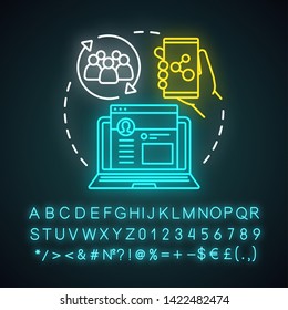 Social sharing concept neon light icon. Referral marketing tools. Smm, social networking, contact sharing. Customer feedback. Glowing alphabet, numbers and symbols. Vector isolated illustration