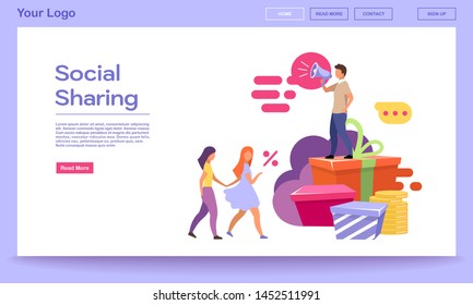 Social sharing landing page vector template. SMM, digital marketing services website interface with flat illustrations. Referral bonuses, rewards. Refer a friend web banner, webpage cartoon layout