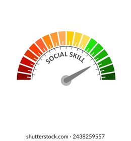 Social skill good level on measure scale. Instrument scale with arrow. Colorful infographic gauge element. Social skills are the skills we use everyday to interact and communicate with others.