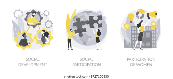 Social skills competence abstract concept vector illustration set. Social development and participation, women role in society and politics, gender equality rights, volunteering abstract metaphor.