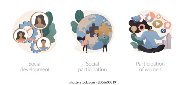 Social skills competence abstract concept vector illustration set. Social development and participation, women role in society and politics, gender equality rights, volunteering abstract metaphor.