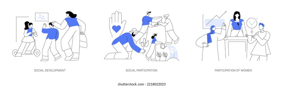 Social skills competence abstract concept vector illustration set. Social development and participation, women role in society and politics, gender equality rights, volunteering abstract metaphor.