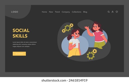 Social Skills concept. Two cheerful girls engage in conversation, portraying the development of communication abilities among children with supportive backdrop of friendship. Flat vector illustration