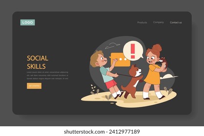 Social Skills dark or night mode web, landing. Children with pets learn communication and boundaries. Interactions that teach empathy and assertiveness. Flat vector illustration