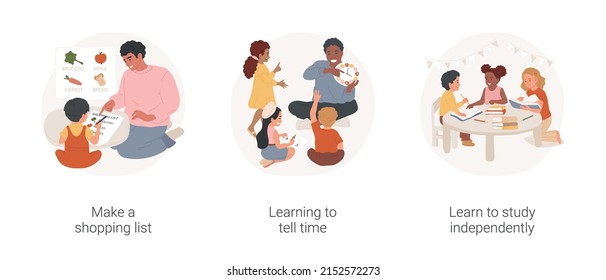 Social skills development in kindergarten isolated cartoon vector illustration set. Make a shopping list, learning to tell time, learn to study independently, preschool education vector cartoon.