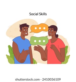 Social skills idea. Two individuals engaging in friendly conversation. Effective verbal exchange. Communication dynamic essential for personal and professional relationships. Flat vector illustration