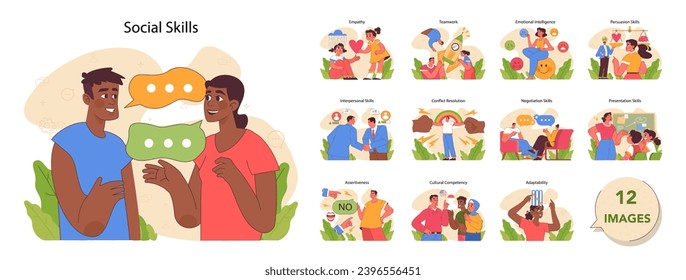 Social skills set. Skillset required for successful socialization. Emotional, interpersonal, and cultural intelligence. Effective communication and teamwork captured. Flat vector illustration