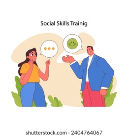 Social Skills Training concept. A scene portraying the learning and application of social cues, enhancing communication in autism. Flat vector illustration