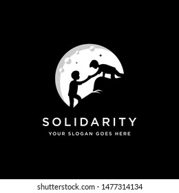 Social Solidarity Friendship Logo Vector Illustration Template On Black Background, A Boy Helping Others To Reach The Top