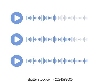 Mensaje de sonido social. Ola de voz de audio con una posición de duración diferente. Línea de sonido de podcast. Grabar reproductor de música. Icono de ecualizador de volumen con ruido y botón de espectro. Ilustración vectorial.