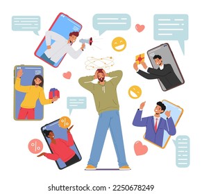 Social Spam Concept with Dizzy Male Character Surrounded with Informational Sources Offering Different Services, Sale, Discount, Media Promotions and Bonuses. Cartoon People Vector Illustration