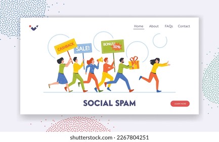 Social Spam Landing Page Template. Aggressive Marketing Campaign Concept. intrusive Sellers Characters Announce Promotions, Gifts and Cashback Chase Escaping Buyer. Cartoon People Vector Illustration
