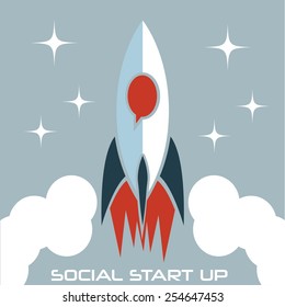 social start up flat design concept with rocket and stars