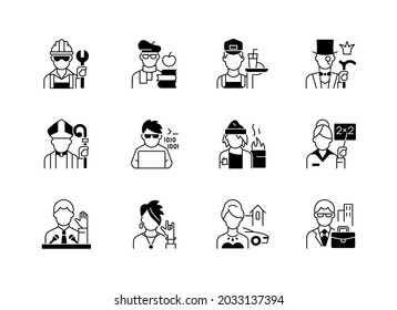 Social status black linear icons set. Lower and upper class. Political elite. Intelligentsia, aristocratic group. Computer expert. Glyph contour symbols. Vector isolated outline illustrations