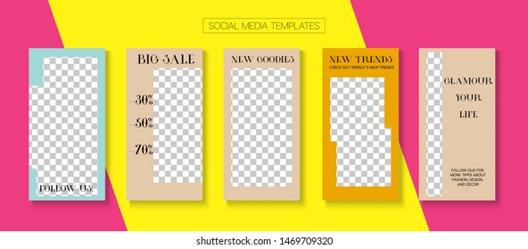 Social Stories Cool Vector Layout. Online Shop Fashion Graphic Apps. Minimal Sale, New Arrivals Story Layout. Blogger Simple Covers, Social Media Kit Template. Social Media Stories VIP Layout
