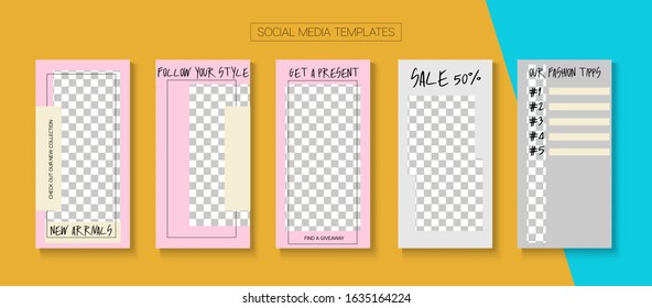 Social Stories Cool Vector Layout. Funky Sale, New Arrivals Story Layout. Online Shop Elegant Invitation Apps. Blogger Tech Covers, Social Media Kit Template. Social Media Stories VIP Layout