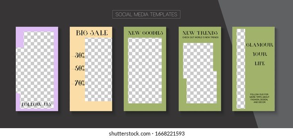 Social Stories Cool Vector Layout. Blogger Simple Concept, Social Media Kit Template. Online Shop Graphic Invitation Advert. Minimal Sale, New Arrivals Story Layout. Social Media Stories VIP Layout