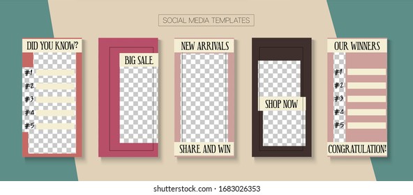 Social Stories Cool Vector Layout. Online Shop Luxury Graphic Mobile. Minimal Sale, New Arrivals Story Layout. Blogger Hipster Covers, Social Media Kit Template. Social Media Stories VIP Layout