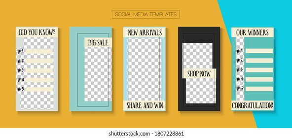 Social Stories Cool Vector Layout. Blogger Modern Design, Social Media Kit Template. Online Shop Fashion Invitation Apps. Hipster Sale, New Arrivals Story Layout. Social Media Stories VIP Layout