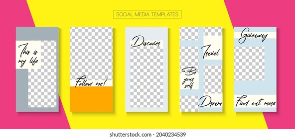 Social Stories Cool Vector Layout. Blogger Hipster Concept, Social Media Kit Template. Minimal Sale, New Arrivals Story Layout. Online Shop Fashion Invitation Phone. Social Media Stories VIP Layout
