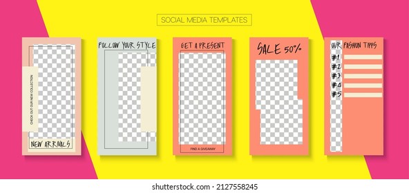 Social Stories Cool Vector Layout. Minimal Sale, New Arrivals Story Layout. Blogger Minimal Border, Social Media Kit Template. Online Shop Elegant Graphic Phone. Social Media Stories VIP Layout