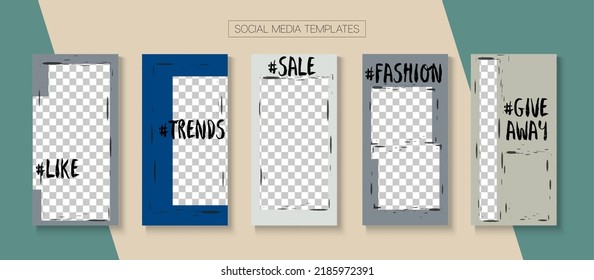 Social Stories Cool Vector Layout. Blogger Hipster Design, Social Media Kit Template. Online Shop Fashion Graphic Brand. Hipster Sale, New Arrivals Story Layout. Social Media Stories VIP Layout