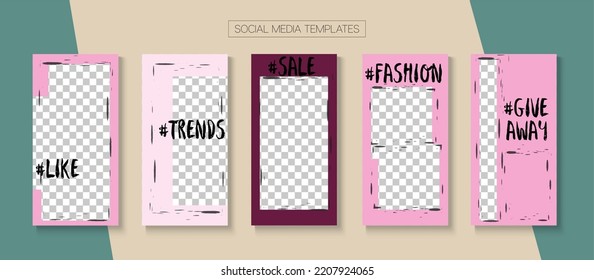 Social Stories Cool Vector Layout. Hipster Sale, New Arrivals Story Layout. Online Shop Graphic Invitation Advert. Blogger Simple Covers, Social Media Kit Template. Social Media Stories VIP Layout
