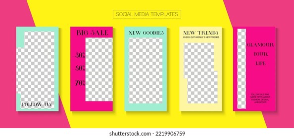 Social Stories Cool Vector Layout. Modern Sale, New Arrivals Story Layout. Online Shop Abstract Graphic Advert. Blogger Funky Concept, Social Media Kit Template. Social Media Stories VIP Layout