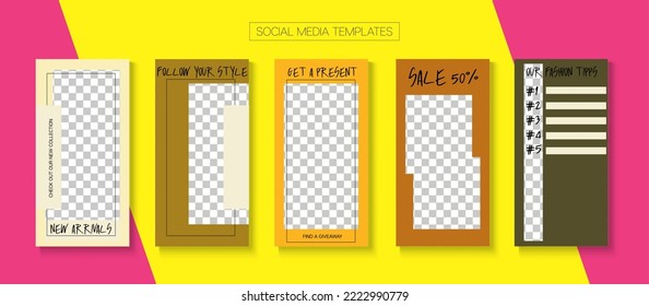 Social Stories Cool Vector Layout. Blogger Hipster Concept, Social Media Kit Template. Hipster Sale, New Arrivals Story Layout. Online Shop Fashion Invitation Phone. Social Media Stories VIP Layout