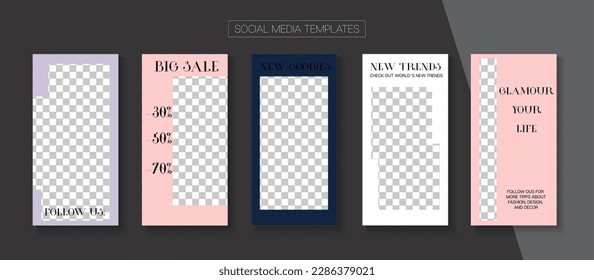 Social Stories Cool Vector Layout. Online Shop Polygon Graphic Mobile. Blogger Trendy Covers, Social Media Kit Template. Simple Sale, New Arrivals Story Layout. Social Media Stories VIP Layout
