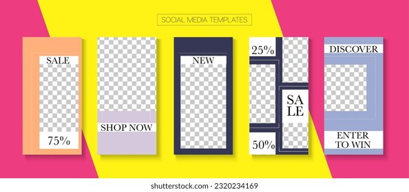 Social Stories Cool Vector Layout. Blogger Simple Concept, Social Media Kit Template. Trendy Sale, New Arrivals Story Layout. Online Shop Polygon Graphic Phone. Social Media Stories VIP Layout