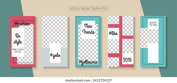 Social Stories Cool Vector Layout. Blogger Minimal Border, Social Media Kit Template. Simple Sale, New Arrivals Story Layout. Online Shop Polygon Graphic Mobile. Social Media Stories VIP Layout