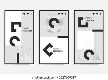Social stories template for mobile phone social geometric background. Geometric story photo frame background for online sale set. Monochrome Social stories colors.
