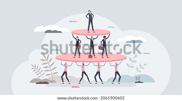 Social stratification and different wealth\
class division tiny person concept. Economical discrimination and\
financial gap inequality with society separation and hierarchy\
contrast vector\
illustration