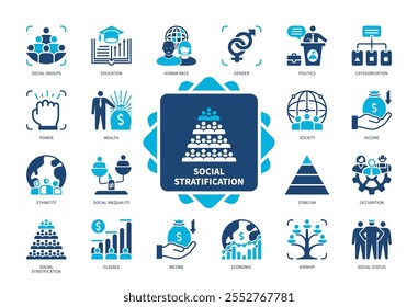 Conjunto de ícones de Estratificação Social. Gênero, Raça Humana, Riqueza, Classes, Renda, Parentesco, Desigualdade Social, Estrato. Ícones sólidos de cor duotônica