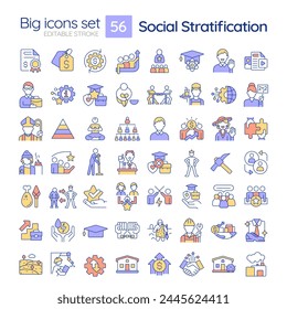 Social stratification RGB color icons set. Class system. Social hierarchy. Economic disparity. Isolated vector illustrations. Simple filled line drawings collection. Editable stroke