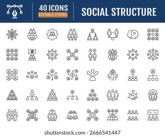 Conjunto de iconos de estructura social. Incluye familia,
Institución, Economía, Interacción, Grupo, Social
Normas, Religión, relaciones y más. Vector
Ilustración con trazos editables