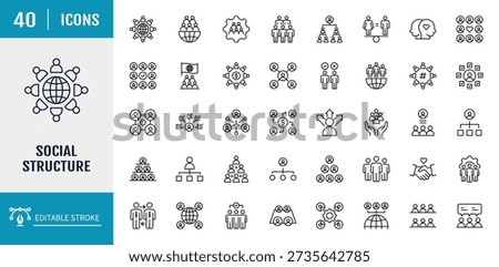 	
Social Structure icon set. Includes Family, Institution, Economy, Interaction, Group, Social Norms, Religion, Relations, and more. Outline Icon Set. Vector Illustration with Editable Strokes