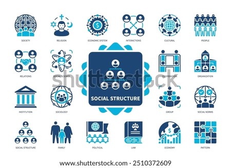 Social Structure icon set. Institution, Family, Economy, Interaction, Group, Social Norms, Religion, Relations. Duotone color solid icons