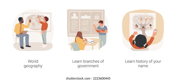 Social studies curriculum isolated cartoon vector illustration set. World geography lesson, learn branches of government, explore history of your name, create family tree vector cartoon.
